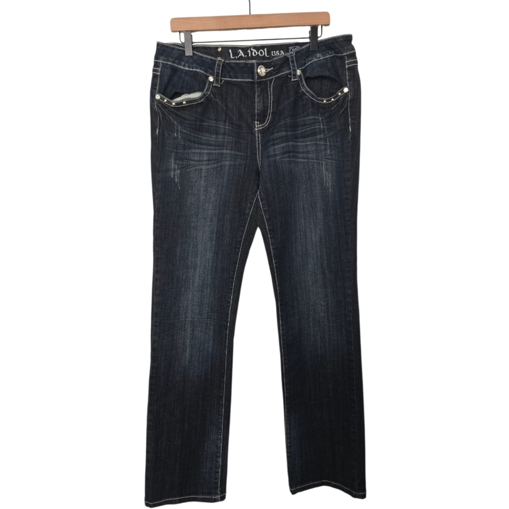 L.A. Idol Women's Dark Blue Straight Leg Jeans Cow Print Pockets Size 15